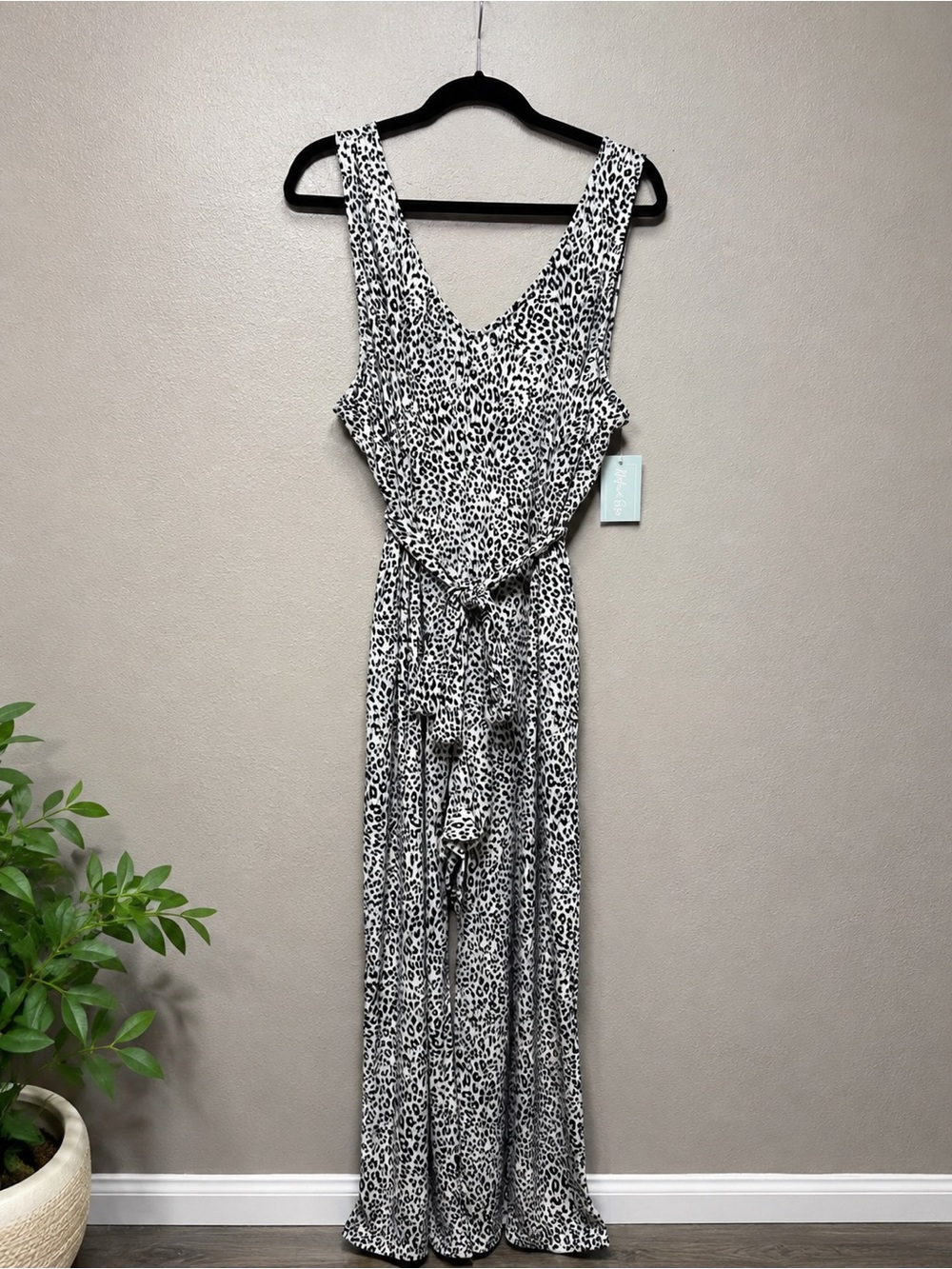 Sleeveless Black & White Leopard Jumpsuit with Self-Tie Waist